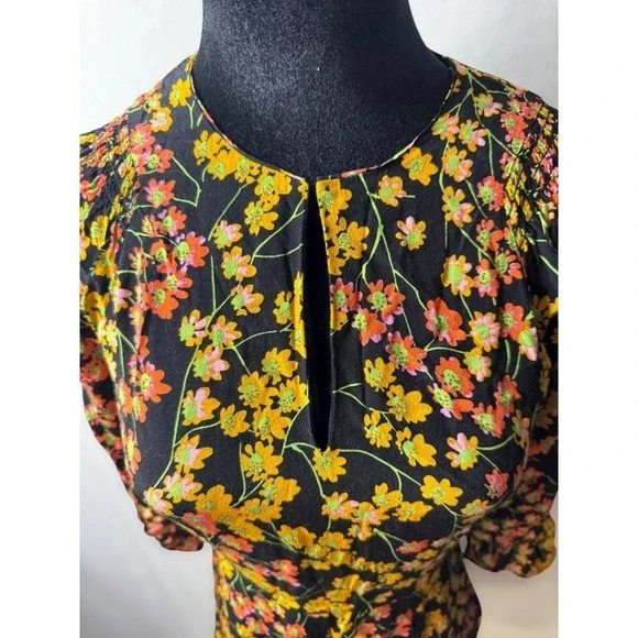 WHISTLES Ester Black Floral Daisy Print Keyhole Neck Mini Dress Fat and Flare - Picture 5 of 8